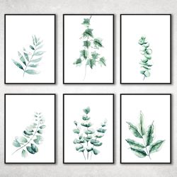 Set of 6 Botanical Print set, Watercolor painting printable, Green Leaves Wall Pictures, Bedroom wall decor