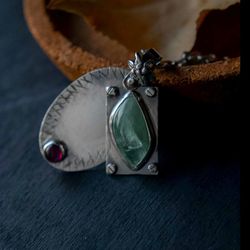 Sterling silver pendant. Custom jewelry with beryl and garnet. Necklace