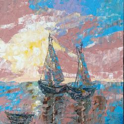 Red Sunset at Sea Oil Painting Original Art Sailboat Wall Art Sky Seascape Boats Waves 16x12 inches