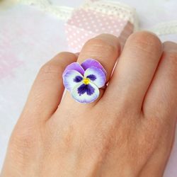 Pansy purple ring, Violet ring, Pansy floral jewelry
