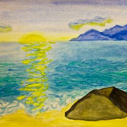 Sunset on sea 1 watercolor painting seascape