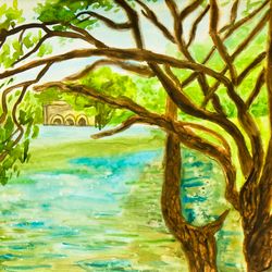 Willow trees near lake summer landscape watercolor painting
