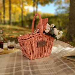 Pink personalized  picnic basket with lids for girl Small wicker bag for kids Woven flower basket with handle for baby