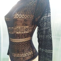 BLACK Lace Long Sleeve Bodysuit. stretch lace boudoir lingerie. erotic underwear for romantic evening, Ladies Sexy Lace