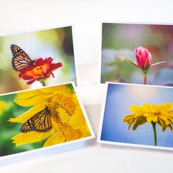 Note Cards 4 Pack, Fine Art, Photography, Blank Greeting Cards, With Envelopes, Colorful, Flowers And Butterflies