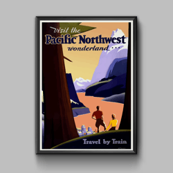 Visit the Pacific Northwest vintage travel poster, digital download