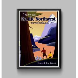 Visit the Pacific Northwest vintage travel poster, digital download