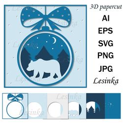 3d greeting card, bear, multi-layered illustration