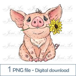 Cute Piglet and Sunflower 1 PNG file Baby Pig Clipart Farm Animal Sublimation pet design little Pig Digital Download