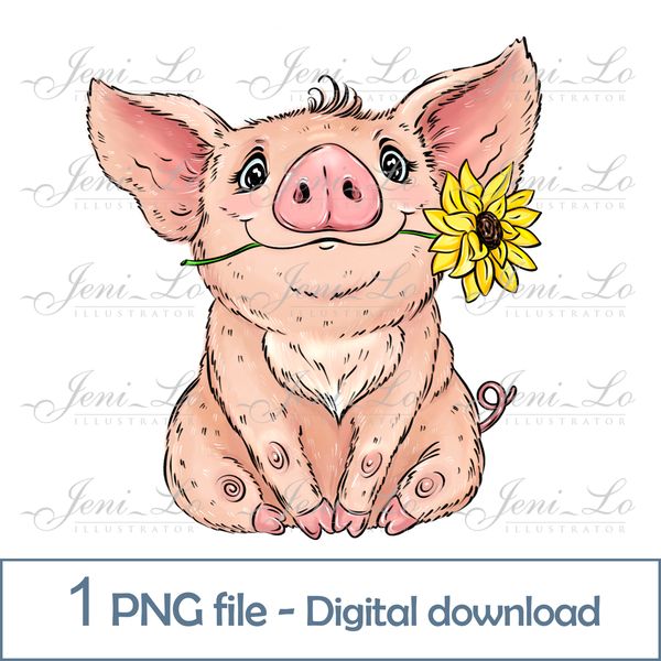 Cute Piglet and Sunflower 1 PNG file Baby Pig Clipart Farm A - Inspire  Uplift