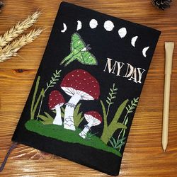 Mushroom notebook, cottagecore handmade sketchbook with embroidery, blank sheets of kraft paper, A5 format