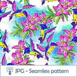 Hummingbirds Seamless pattern 1 JPG file Digital Paper Tropics Design flowers Repeating template Summer Digital Download