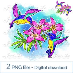 Hummingbirds 2 PNG files Tropical birdies Clipart Summer Sublimation little birds design tropical flowers Download
