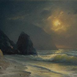 Moonlit night Seascape Coastal Landscape Sailing ship Original Oil Painting for Bedroom Wall Decor