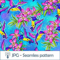 Hummingbirds Seamless pattern 1 JPG file Digital Paper Rainbow Tropics Design flowers Repeating template Summer Download