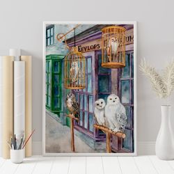 owls shop watercolor art, harry potter poster, download digital print, kidsroom wall decor