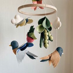 woodland baby mobile robin, finch, strawberry, mushrooms, butterfly, green peas