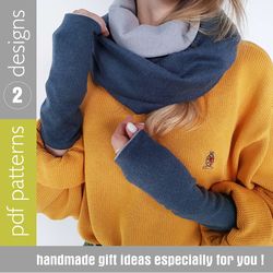 scarf infinity and cuffs set of 2 sewing patterns PDF and Tutorials in English, scarf loop pattern, hand warmers pattern
