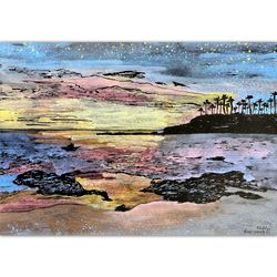 Laguna Beach painting Original watercolor California sunset artwork Modern wall art 8x12 by Rubinova