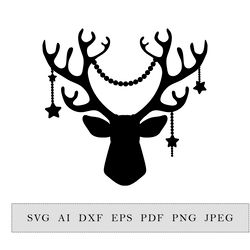 silhouette of a christmas deer with antlers decorated