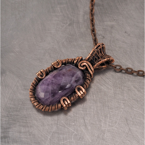 Copper pendant this natural faceted amethyst Unique wire wrapWWA00377-07-01.jpeg
