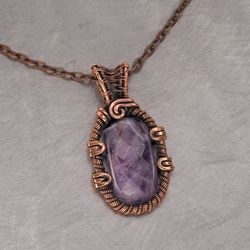 Unique copper wire wrapped pendant this natural faceted amethyst Healing wire weave statement necklace for her woman Art