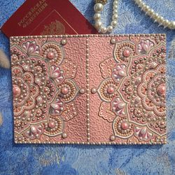 Leather passport holder, Hand painted passport cover, Pink document holder, Passport wallet for women, Mandala passport