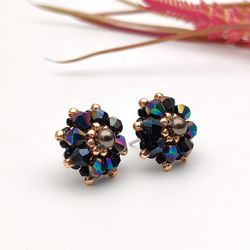 black small bead stud, beaded stud earrings, beaded earrings, pin earrings, bead woven studs