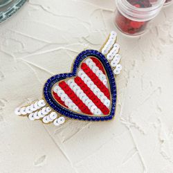 Red Heart Beaded Brooch, Embroidered Heart Brooch, Beaded Heart Pin, Winged Heart Brooch Pin, Angel Wings Brooch