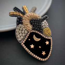 Black Anatomical Heart Brooch Pin, Bead Embroidery Heart Brooch, Moon Beaded Brooch, Magical Heart Brooch