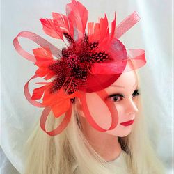 Red women hat, Red feather fascinator, Red cocktail hat with feathers, Red hat for races, party, wedding, cocktail, tea