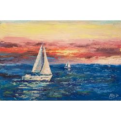 Sunset sky art Original acrylic painting Boat painting Seascape Sailing painting