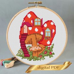 Mushroom house pattern cross stitch, easy embroidery DIY