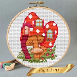 mushroom house pattern cross stitch, easy embroidery diy