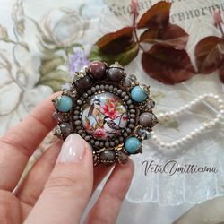 bird brooch, embroidery with stones and beads, cameo brooch, order brooch, baroque decoration, vintage style brooch