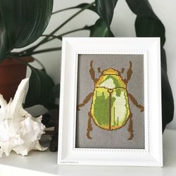 Golden Scarab Beetle Cross Stitch Pattern PDF, Realistic Bug Embroidery Pattern, DIY Insect Wall Decor, Instant Download