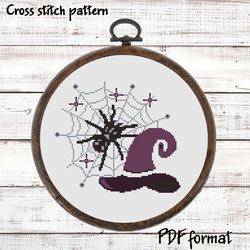 witch hat cross stitch pattern modern, spider net cross stitch chart, witch cross stitch design