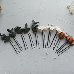 eucalyptus hair pins terracotta wedding babys breath hair pin set bridal gypsophila headpiece fall hair piece