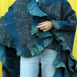 Wool poncho blue Cape, felt womens poncho. Made in the technique nunofelting. Light and warm  clothes unique design