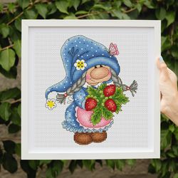 Gnome girl cross stitch pattern PDF, strawberry gnome, summer gnome, summer cross stitch
