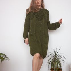 dress tunic hand-knitted wool with sequins green oversized