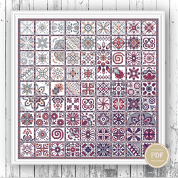 Cross Stitch Patchwork Tiles - Bordeaux Sampler - Geometric Squares - Ethnic Folk Art design PDF counted chart 89