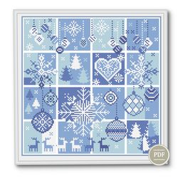 Square Cross Stitch Pattern. Patchwork Embroidery. Sampler Monochrome Winter. Digital PDF File Instant Download 97