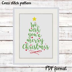 Merry Christmas cross stitch pattern modern, Christmas tree Easy cross stitch design, Xmas cross stitch pattern PDF