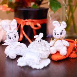 doll room decor. family art toy bunny. set  toys of 7 items . crocheted bunny toys for room decor.