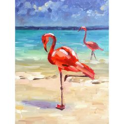 Flamingo painting bird original art fauna artwork small oil order painting by Svetlana