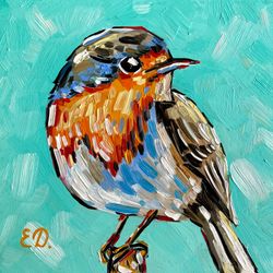 Robin Painting Original Art Bird Oil Painting Animal Wall Art 6x6 inches Small Painting