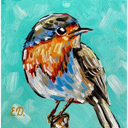 Robin Painting Original Art Bird Oil Painting Animal Wall Art 6x6 inches Small Painting