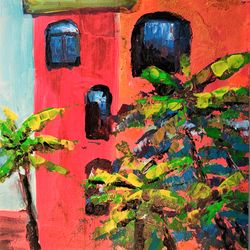 Painting Original Art Mexico Painting Red Mexican House Palm Trees Painting Mexican Art Small Impasto Acrylic Painting