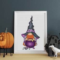 Halloween gnome, cross stitch pattern PDF, witch gnome, fall cross stitch, halloween cross stitch